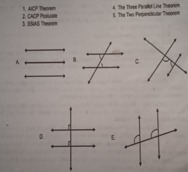 1. AICP Theorem 4. The Three Parallel Line Theorem 2. CACP Postulate 5. The Two Perpendicular Theorem 3. SSIAS Theorem A. B, C. D. E.