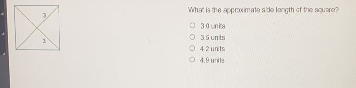 What is the approximate side length of the square? 3.0 units 3.5 units 4.2 units 4.9 units