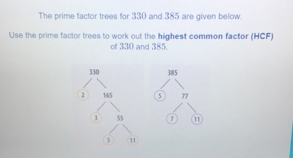 The prime factor trees for 330 and 385 are given below. Use the prime factor trees to work out the highest common factor HCF of 330 and 385. 385 5 77 7 11