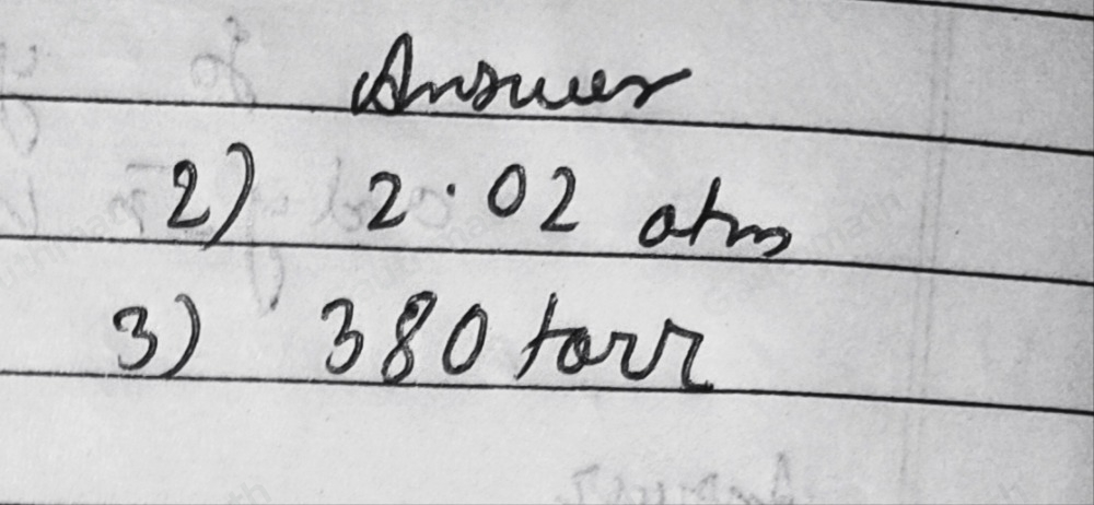 Given: 3. A sample of fluorine gas occupies a volume of 600 ml , at 760 torr. Given that the temperature remains the Unknown : same, calculate the pressure required Formula : to reduce its volume by 1/3. Solution: Final Answer: