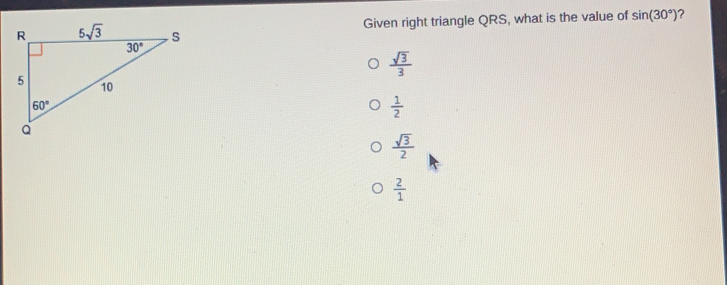 Given right triangle QRS, what is the value of sin 30 ° frac square root of 33 1/2 frac square root of 32 2/1