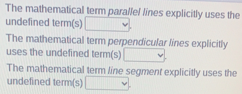 The mathematical term parallel lines explicitly uses the undefined terms The mathematical term perpendicular lines explicitly uses the undefined terms The mathematical term line segment explicitly uses the undefined terms