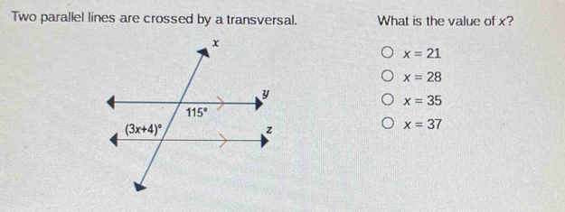 Two parallel lines are crossed by a transversal. What is the value of x? x=21 x=28 x=35 x=37