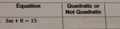 Equation Quadratic or Not Quadratic 3m+8=15