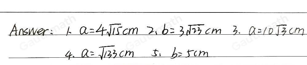 Use the given figure to solve the remaining parts of right triangle ACB. 1. b=17cm and c=23cm 2. - c=16 and a=7 3. b=10 ad c=20 4. b=6 and c=13 5. c=13 and a=12