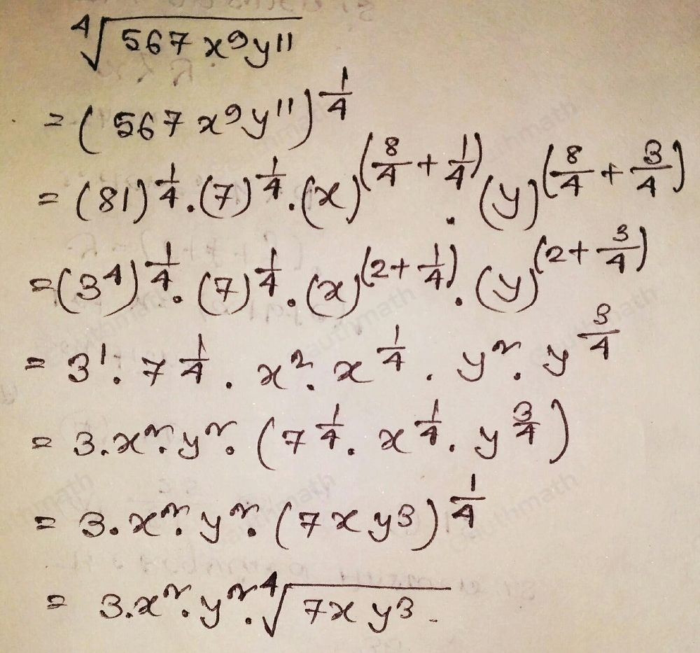 Order the simplification steps of the expression below using the properties of rational exponents. square root of [4]567x9y11 3x2y2 . 7xy3 1/4 3x2y2 square root of [4]7xy3 81 . 7 1/4 . x 9/4 . y 11/4 3 . x2 . y2 . 7 1/4 . x 1/4 . y 3/4 31 . 7 1/4 . x2 . x 1/4 . y2 . y 3/4 4 567x9y11 1/4 81 1/4 7 1/4 . x 3/4 + 1/4 . y 3/4 + 3/4 34 1/4 . 7 1/4 . x2+ 1/4 . y2+ 3/4