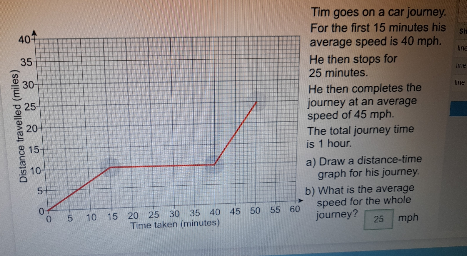 Tim goes on a car journey. or the first 15 minutes his Sh erage speed is 40 mph. line then stops for line minutes. line then completes the rney at an average eed of 45 mph. e total journey time 1 hour. Draw a distance-time graph for his journey. What is the average peed for the whole ourney? 25 mph