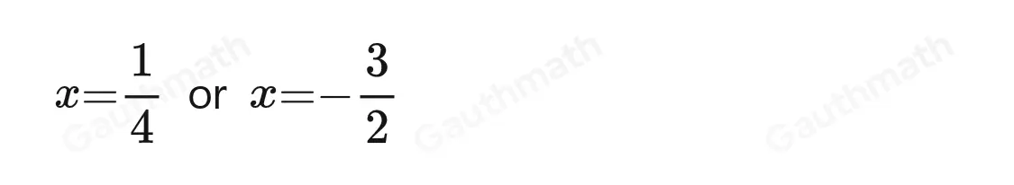 A quadratic equation is given below. 8x2 = 3 - 10x Which statement shows the factors used to determine the solutions and the solutions to the quadratic equation? F Factors: 4x+12x-3 ; Solutions: x=- 1/4 ,x= 3/2 G Factors: 4x+32x-1 ; Solutions: x=- 3/4 ,x= 1/2 H Factors: 4x-32x+1 ; Solutions: x= 3/4 ,x=- 1/2 ] Factors: 4x-12x+3 ; Solutions: x= 1/4 ,x=- 3/2