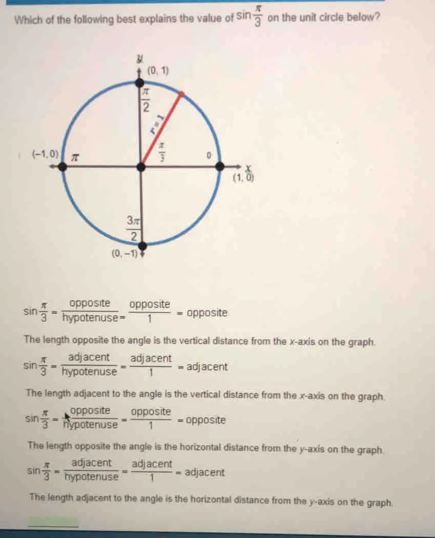 Which of the following best explains the value of sin on the unit circle below? sin frac π 3= 0pposite/hypotenuse = opposite/1 opposite The length opposite the angle is the vertical distance from the x-axis on the graph. sin frac π 3= adjacent/hypotenuse = adjacent/1 =adjacent The length adjacent to the angle is the vertical distance from the x-axis on the graph. sin frac π 3= 0ppoosite/pppotenuse = 0pposite/1 opposite The length opposite the angle is the horizontal distance from the y-axis on the graph. sin frac π 3=frac adacenthypotenuse= adjacent/1 =adjacent The length adjacent to the angle is the horizontal distance from the y-axis on the graph. _