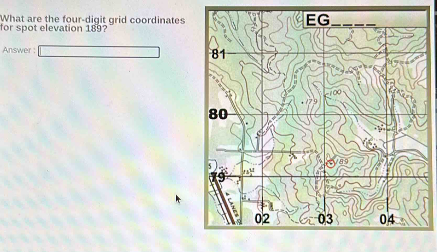 What are the four-digit grid coordinates for spot elevation 189? Answer : underline