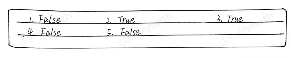 I. Tell whether each statement is True or False. 1. 4+72=42+72 2. x+52=x2+10x+25 for any value of x. 3. 30-130+1=899 4. a-82=a2-8a+64 for any value of a. 5. The square of a sum is equal to the sum of two squares.. 6. The product of a sum and a difference of the same two terms is equal to a difference of two squares. 7. m+92=m2+81 for any value of m. 8. 2+a3=8+12a+6a2+a3. 9. The GCF of the integers 12 and 24 is 6. 10. The greatest common factor of the terms of the polynomiall 8x3y-12x2y3 is 4x2y. 11. -4a2+8a=-4aa-2. 12. The polynomial a2+25 is a difference of two squares. 13. The polynomial x2-10x+25 is a perfect square trinomial. 14. 8x2+8=4x+42 for any real number x. 15. The polynomial 25y+1 is a prime polynomial. 16. The polynomial 16x2-16 is factored completely as 16x2-1. 17. 3x2-75=3x+5x-5 for any number x.