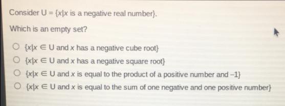 Consider U= x|x is a negative real number. Which is an empty set? x|x ∈ U and x has a negative cube root x|x ∈ U and x has a negative square root x|x ∈ U and x is equal to the product of a positive number and −1 x|x ∈ U and x is equal to the sum of one negative and one positive number