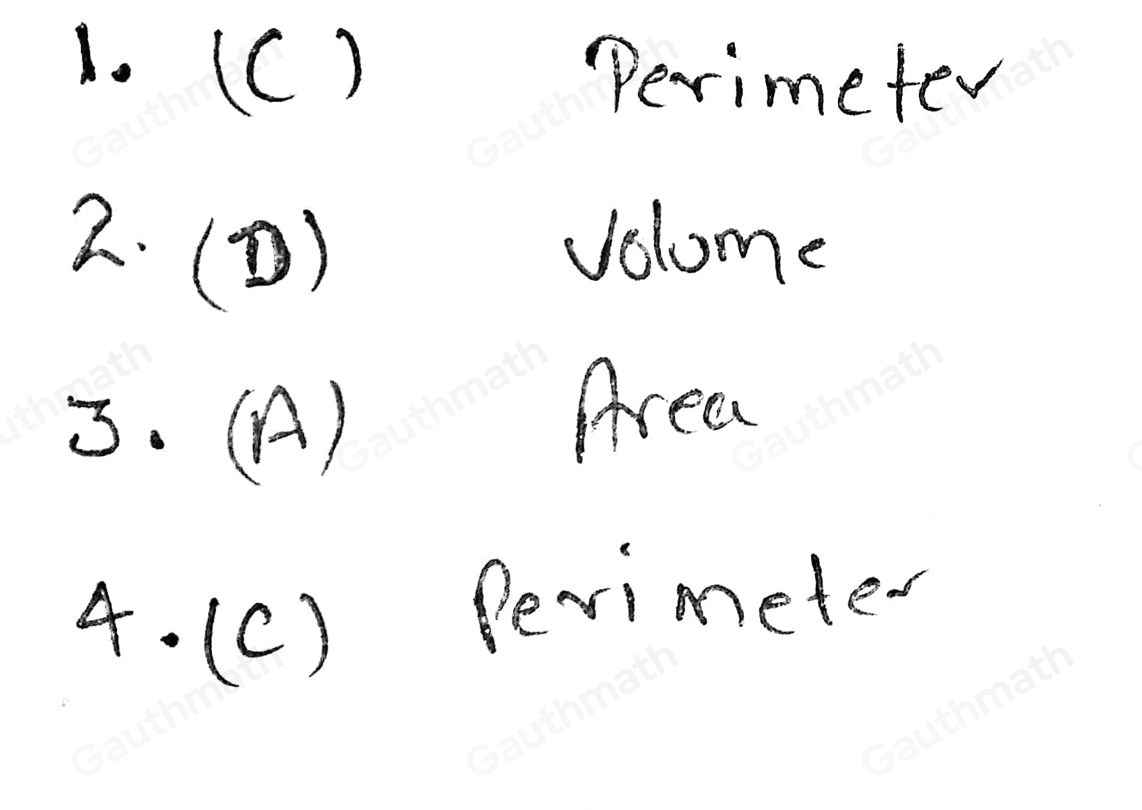 Direction: Choose and encircle the letter of the correct answer. 1. The distance around the outside of a shape is called _ A. Area C. Perimeter B. Circumference D. Volume - The measurement of space inside a shape is called A. Area C. Perimeter B. Circumference D. Volume 3. Square unit is use for measuring _. A Area C Perimeter B. Circumference D. Volume 4. Below is an example of =2L+2W cm =2 20cm+210cm =40 cm+20 cm =60 cm A. Area C. Perimeter B. Circumference D. Volume