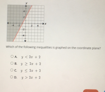 Which of the following inequalities is graphed on the coordinate plane? A y < 2x + 2 B. y ≥ q 2x + 2 c. y ≤ q 2x + 2 D. y>2x+2