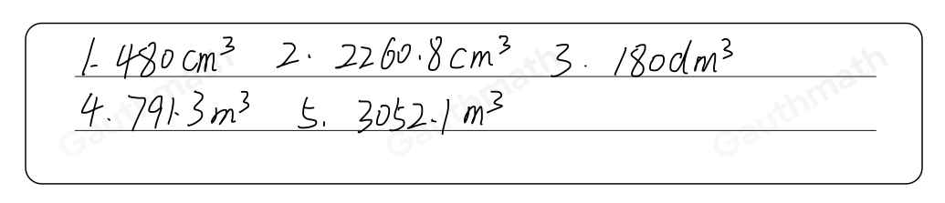 Find the volume of the following solid figures. Write your answers on your answer sheet. Use 3.14 for the value of pi π. V=-cm3 V=- m3 V=-m3 V=- dm3 5. V=-m3
