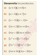 Desarrolla los productos. a z+3z+8= b u-4u+7= c x-10x-2= d 3x+23x+6= e 4a-34a+10= f x2+4x2-6= g 3x3-23x4-1= h 4a+5b4a-3b=