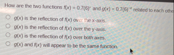 How are the two functions fx=0.76x and gx=0.76-x related to each othe gx is the reflection of fx over the x-axis. gx is the reflection of fx over the y-axis. gx is the reflection of fx over both axes. gx and fx will appear to be the same function.