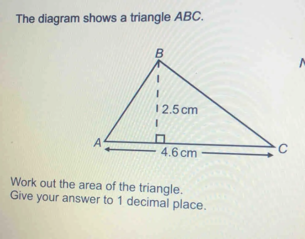 The diagram shows a triangle ABC. Work out the area of the triangle. Give your answer to 1 decimal place.